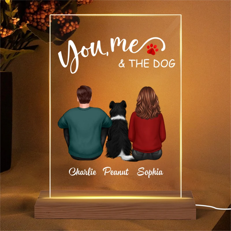 Back View Couple Sitting You Me And The Dogs Cats Personalized Rectangle Acrylic Plaque LED Lamp Night Light - Image 4
