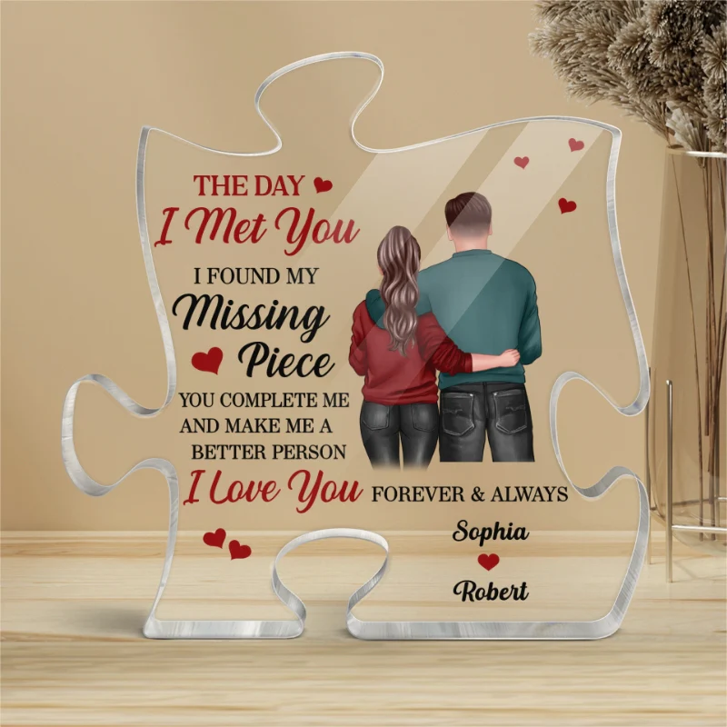Back View Couple Standing Found My Missing Piece Valentine‘s Day Anniversary Gift For Him For Her Personalized Puzzle Acrylic Plaque - Image 4