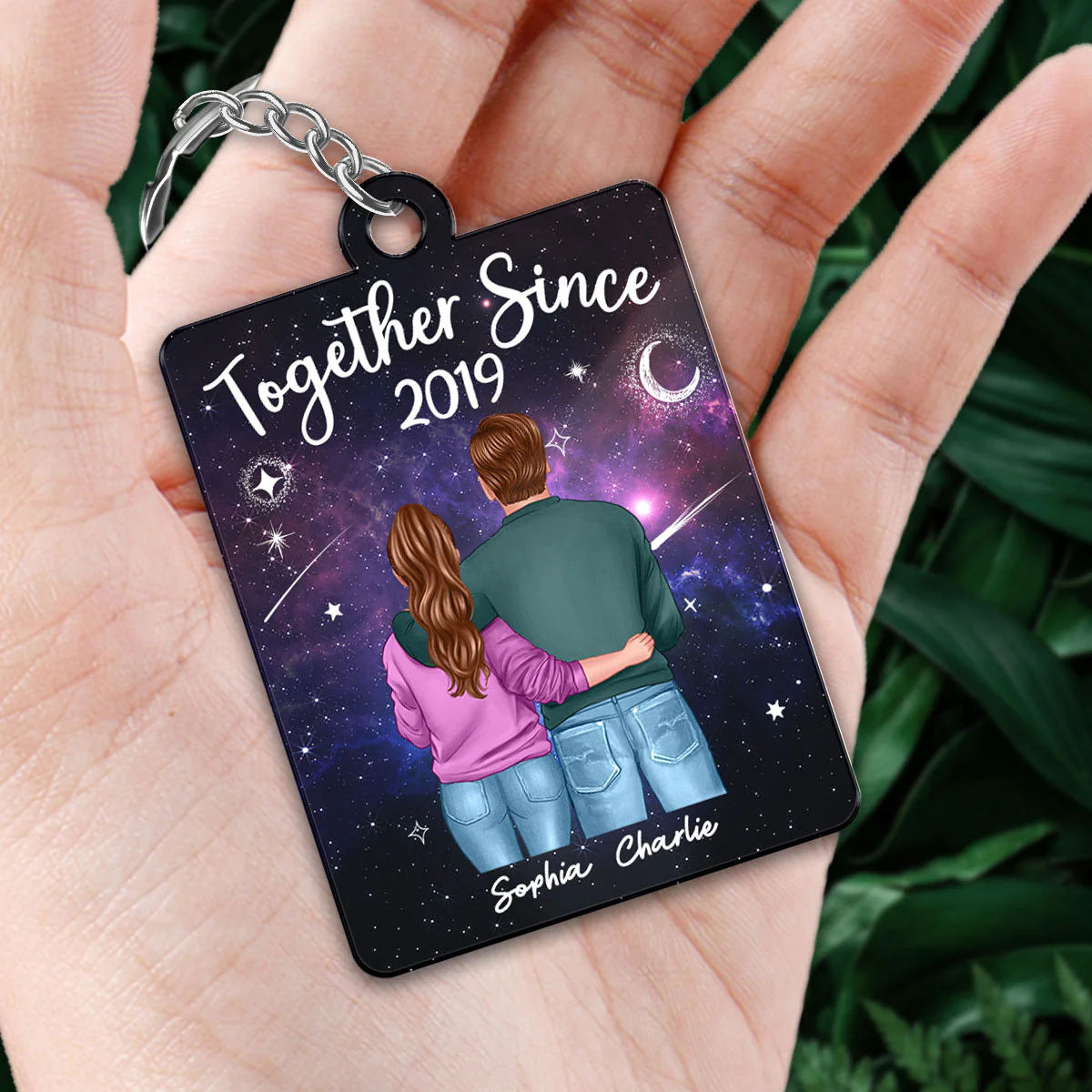 Back View Couple Standing Hugging In Galaxy Night Favorite Song Scannable QR Code Personalized Acrylic Keychain - Image 2