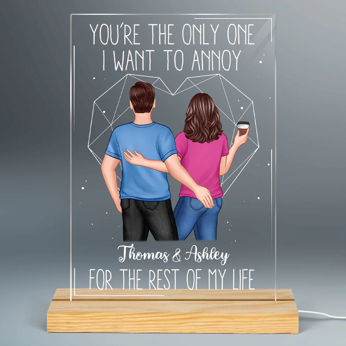 Back View Couple Touching The Only One Valentine‘s Day Anniversary Gift Personalized Rectangle Acrylic Plaque LED Lamp Night Light - Image 2