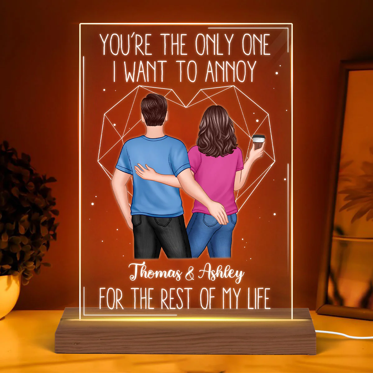 Back View Couple Touching The Only One Valentine‘s Day Anniversary Gift Personalized Rectangle Acrylic Plaque LED Lamp Night Light - Image 3
