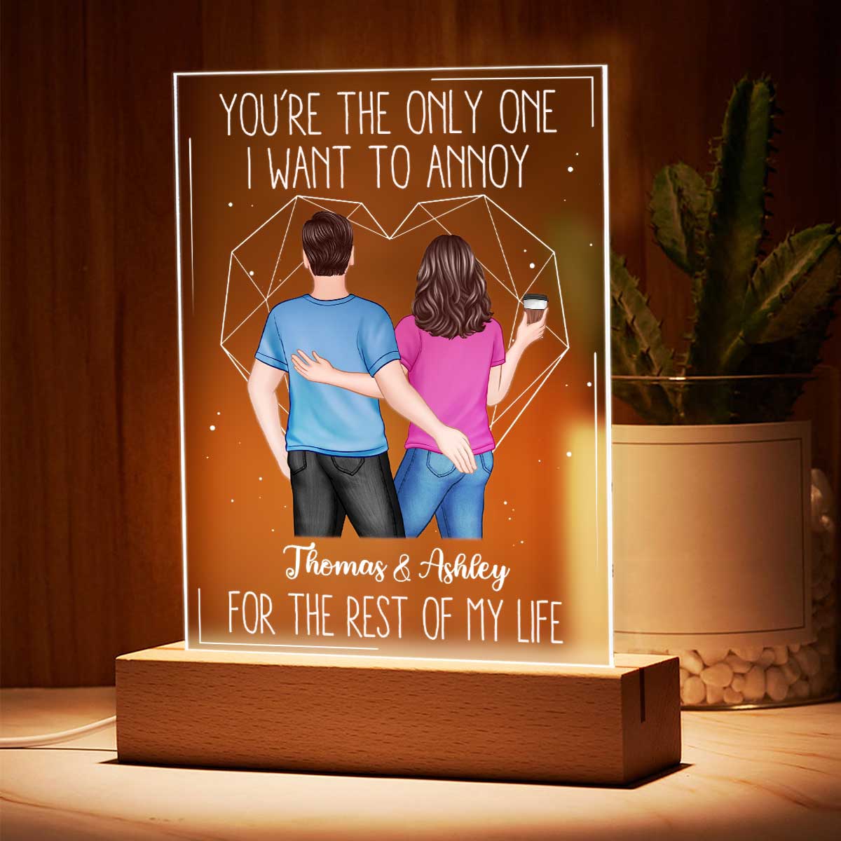 Back View Couple Touching The Only One Valentine‘s Day Anniversary Gift Personalized Rectangle Acrylic Plaque LED Lamp Night Light - Image 4
