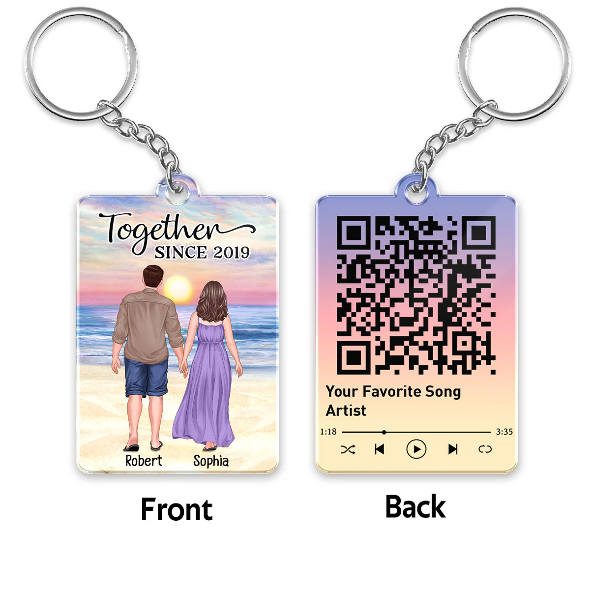 Back View Couple Walking At Beach Favorite Song QR Code Personalized Acrylic Keychain