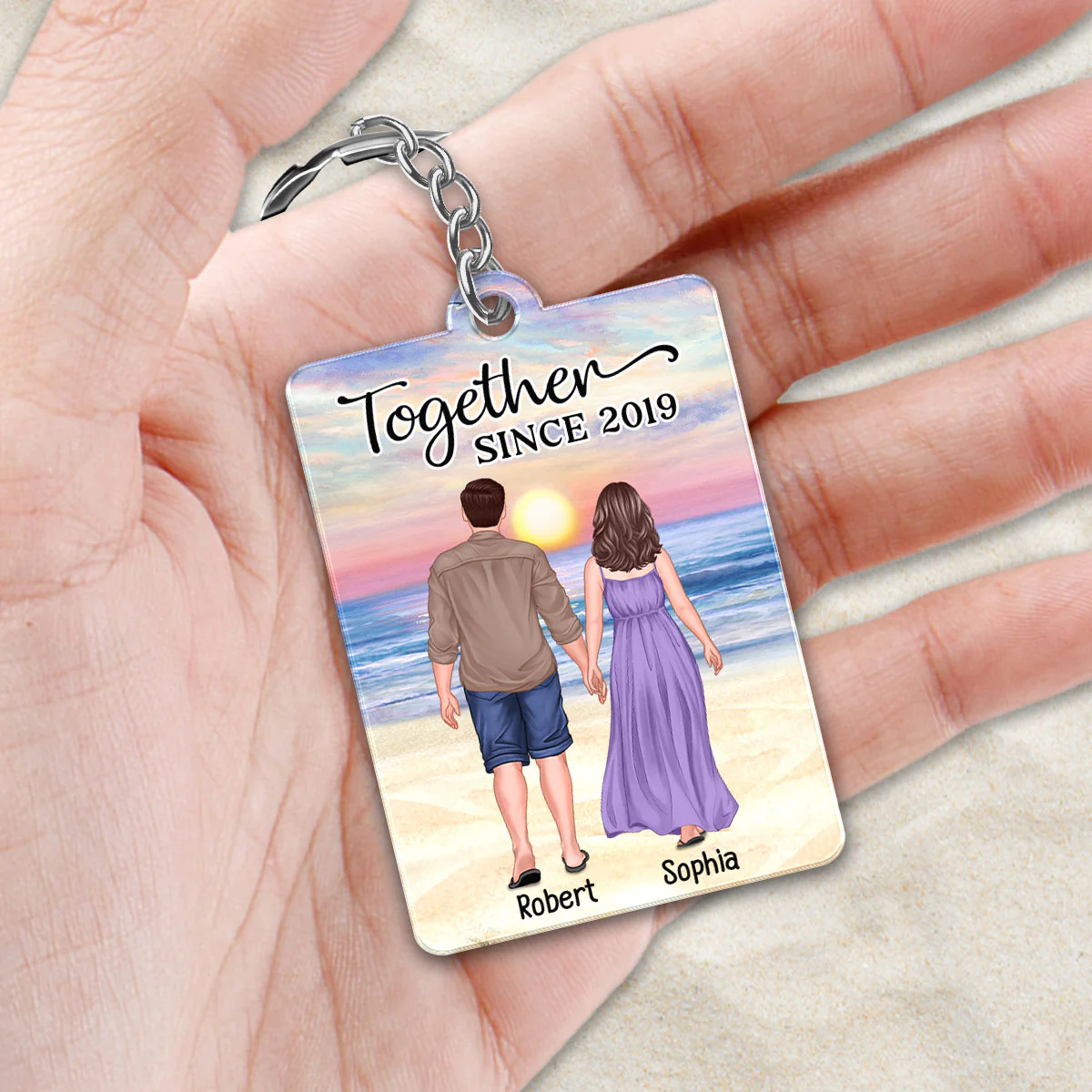 Back View Couple Walking At Beach Favorite Song QR Code Personalized Acrylic Keychain - Image 2