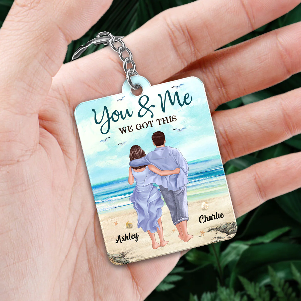 Back View Couple Walking On The Beach Favorite Song Scannable QR Code Personalized Acrylic Keychain - Image 2
