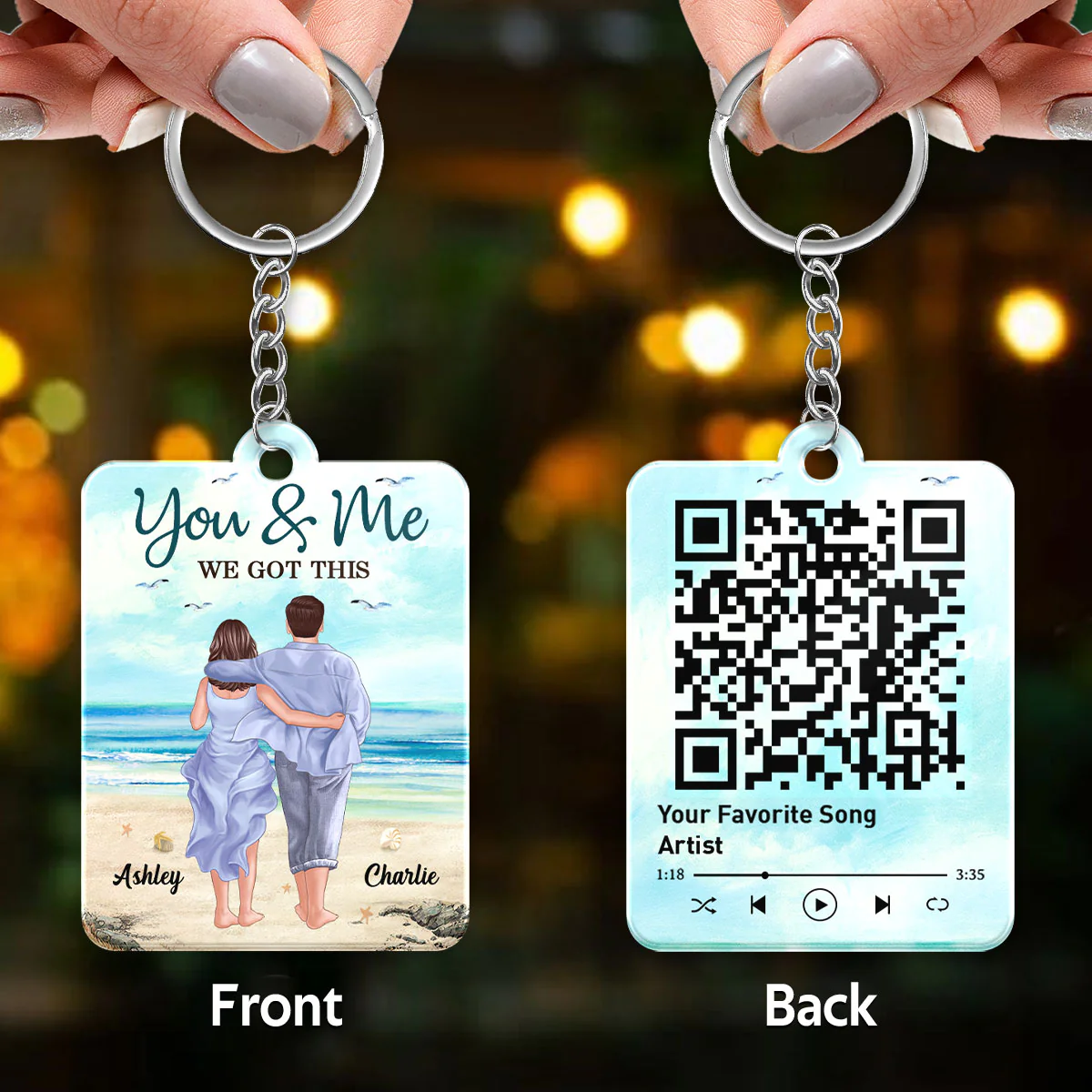 Back View Couple Walking On The Beach Favorite Song Scannable QR Code Personalized Acrylic Keychain - Image 3
