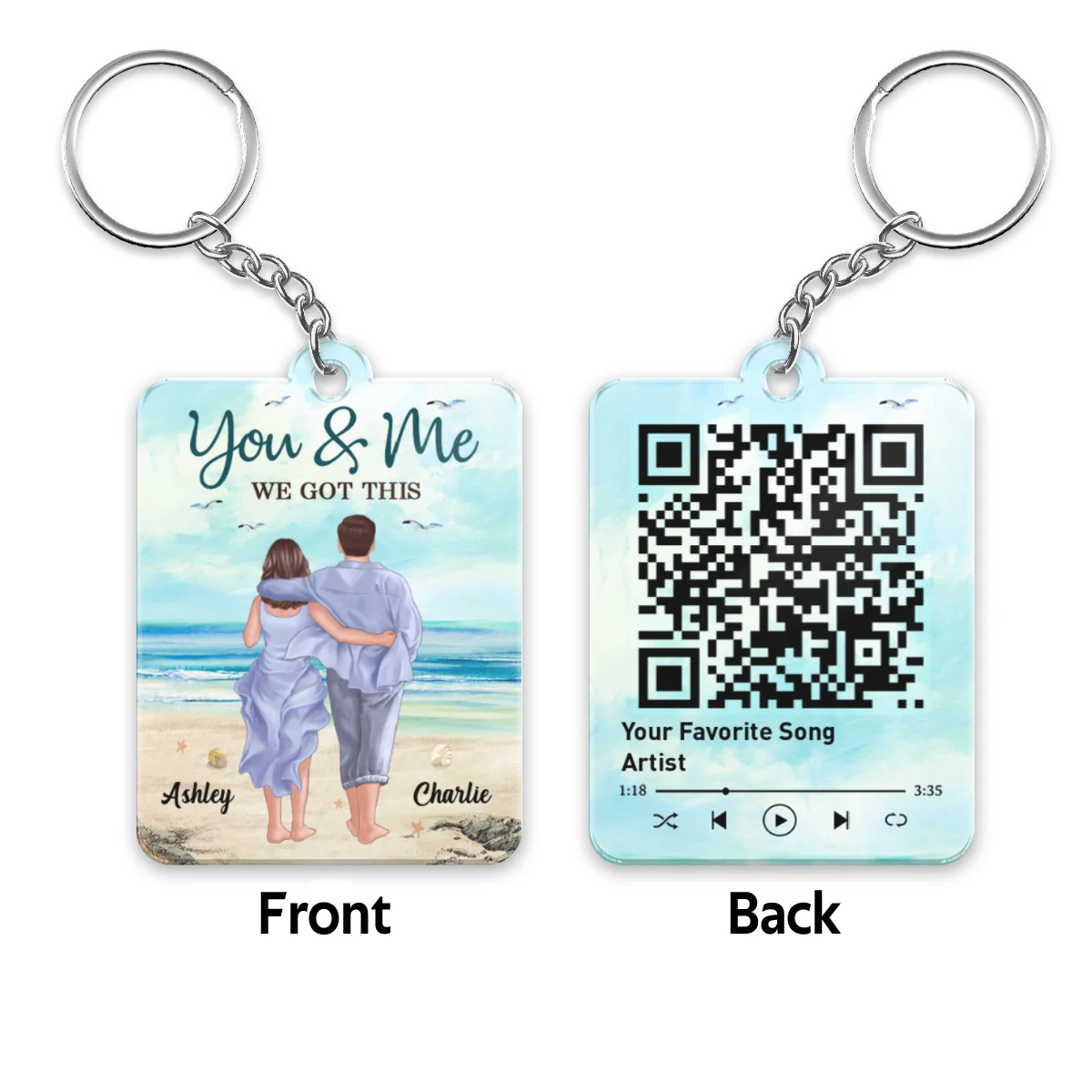 Back View Couple Walking On The Beach Favorite Song Scannable QR Code Personalized Acrylic Keychain - Image 4