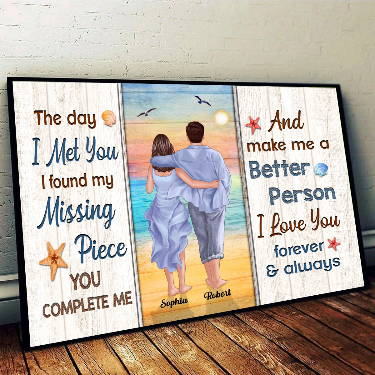 Back View Couple Walking On The Beach Found My Missing Piece Personalized Horizontal Poster - Image 3