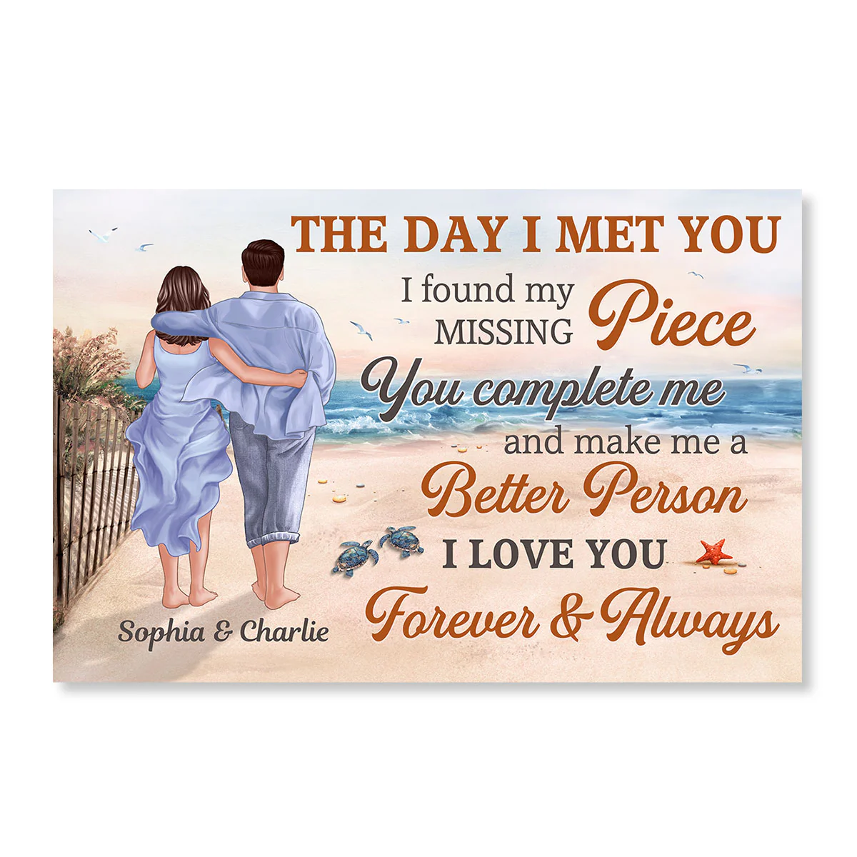 Back View Couple Walking On The Beach Path The Day I Met You Personalized Horizontal Poster - Image 2