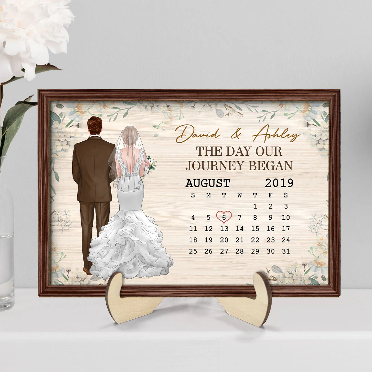 Back View Couple Wedding Anniversary Date Calendar Personalized 2-Layer Wooden Plaque - Image 2