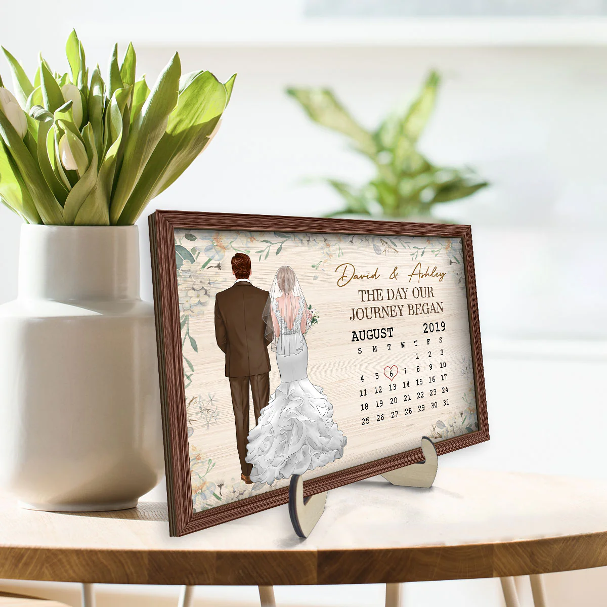 Back View Couple Wedding Anniversary Date Calendar Personalized 2-Layer Wooden Plaque - Image 3