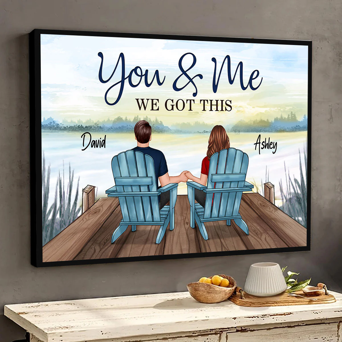 Back View Couple You & Me We Got This Blue Theme Lake View Personalized Horizontal Poster - Image 2