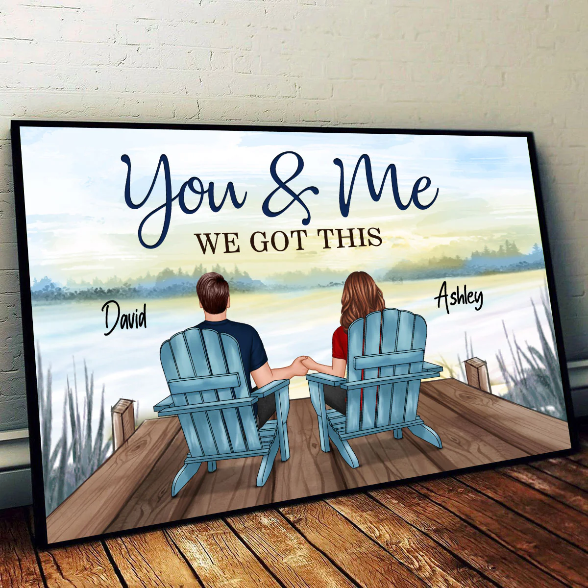 Back View Couple You & Me We Got This Blue Theme Lake View Personalized Horizontal Poster - Image 3