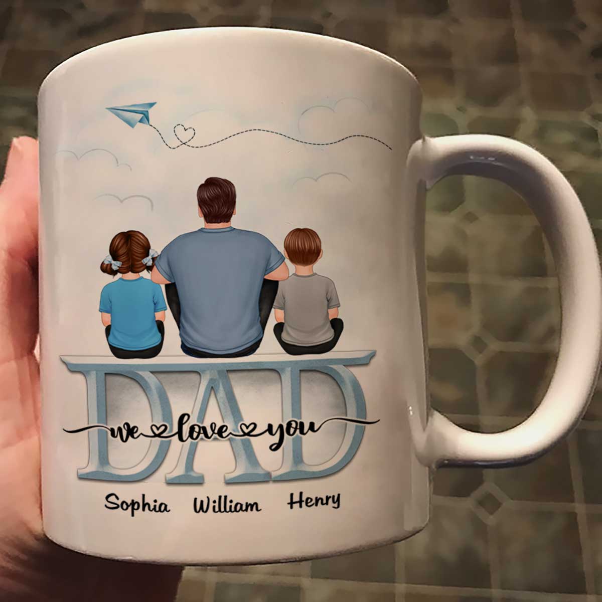 Back View Dad And Children Sitting On Word Father‘s Day Gift Personalized Mug - Image 2