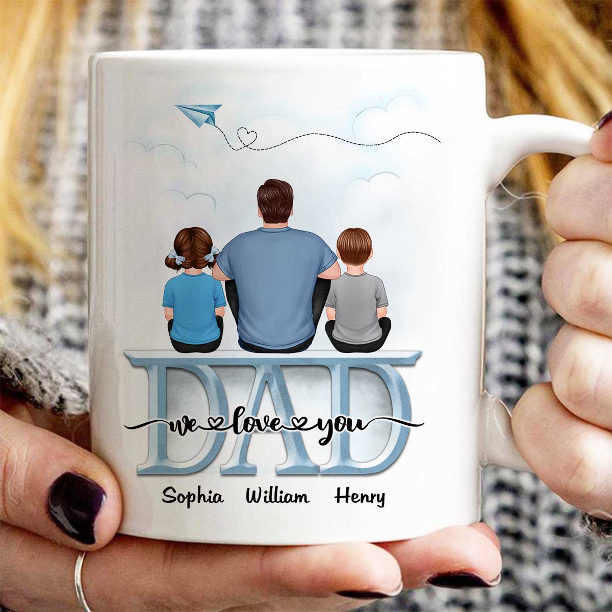 Back View Dad And Children Sitting On Word Father‘s Day Gift Personalized Mug - Image 3