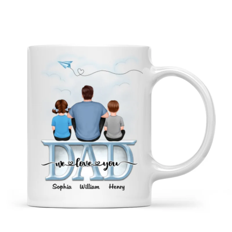 Back View Dad And Children Sitting On Word Father‘s Day Gift Personalized Mug - Image 4