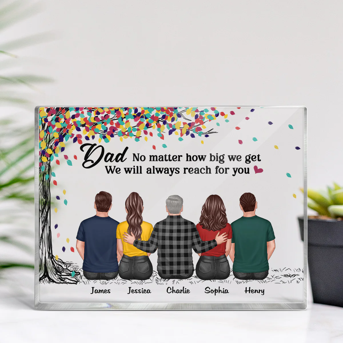 Back View Dad And Daughters Sons Sitting Under Colorful Tree Personalized Horizontal Rectangle Acrylic Block