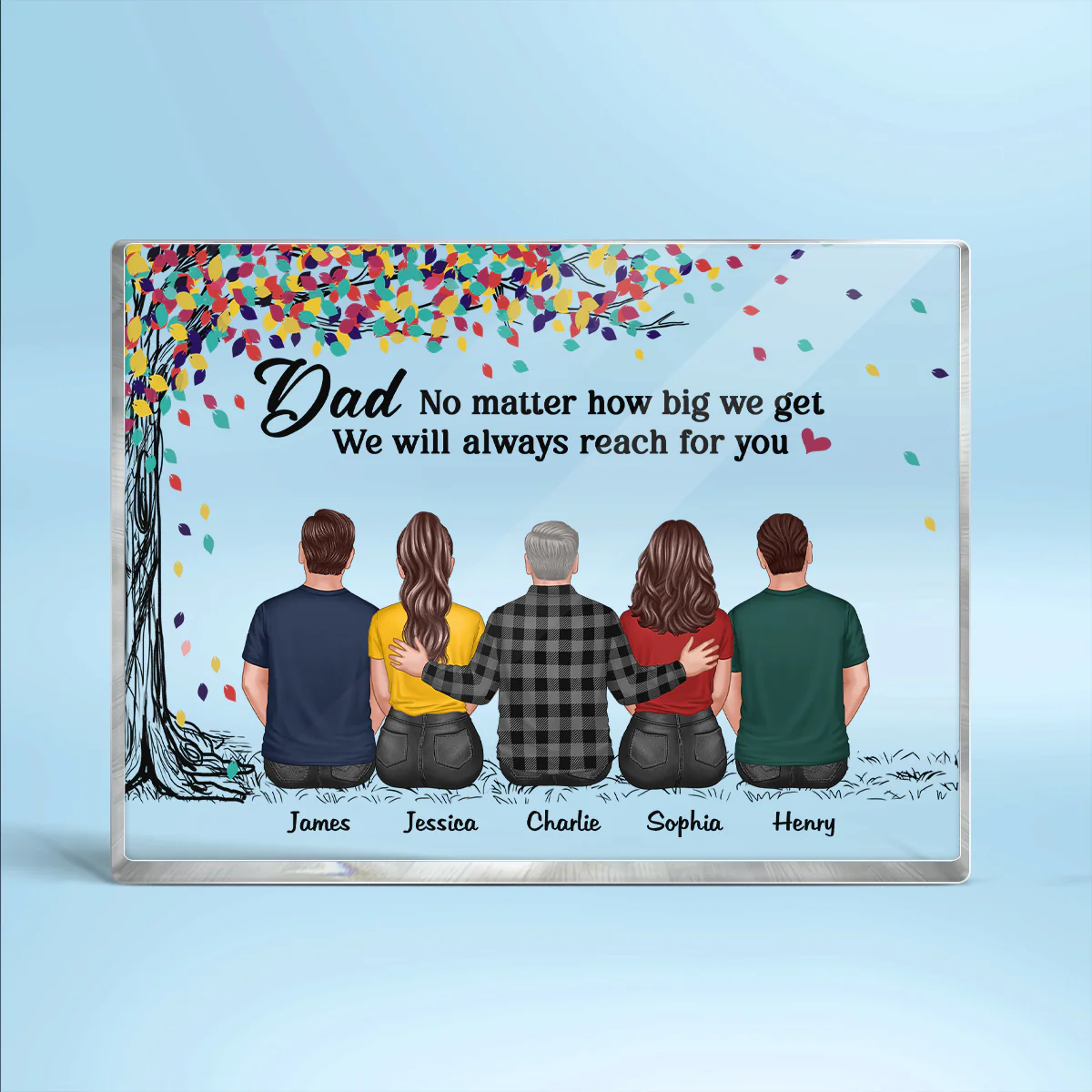 Back View Dad And Daughters Sons Sitting Under Colorful Tree Personalized Horizontal Rectangle Acrylic Block - Image 2