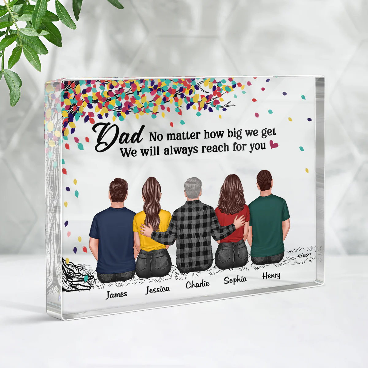 Back View Dad And Daughters Sons Sitting Under Colorful Tree Personalized Horizontal Rectangle Acrylic Block - Image 3