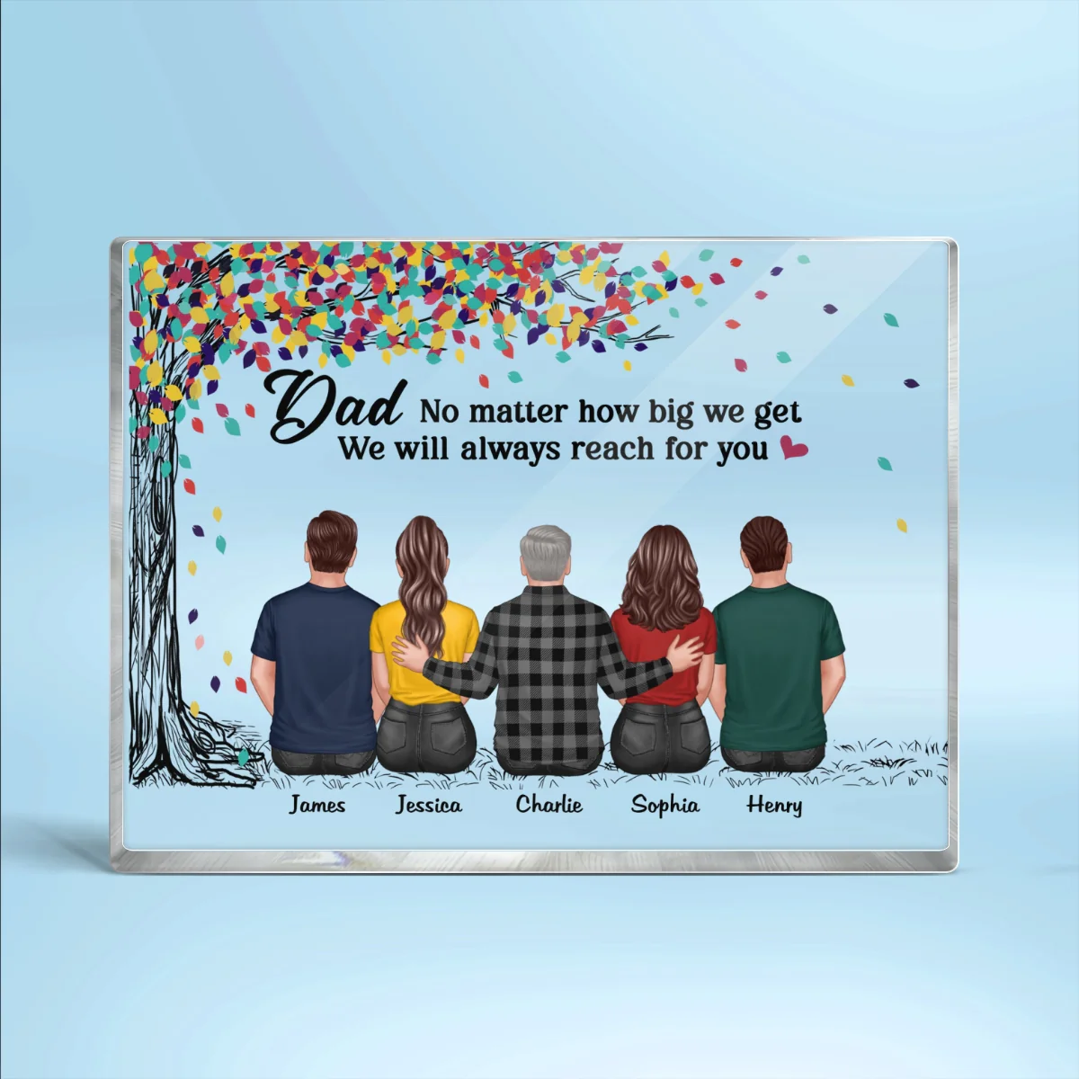 Back View Dad And Daughters Sons Sitting Under Colorful Tree Personalized Horizontal Rectangle Acrylic Block - Image 4