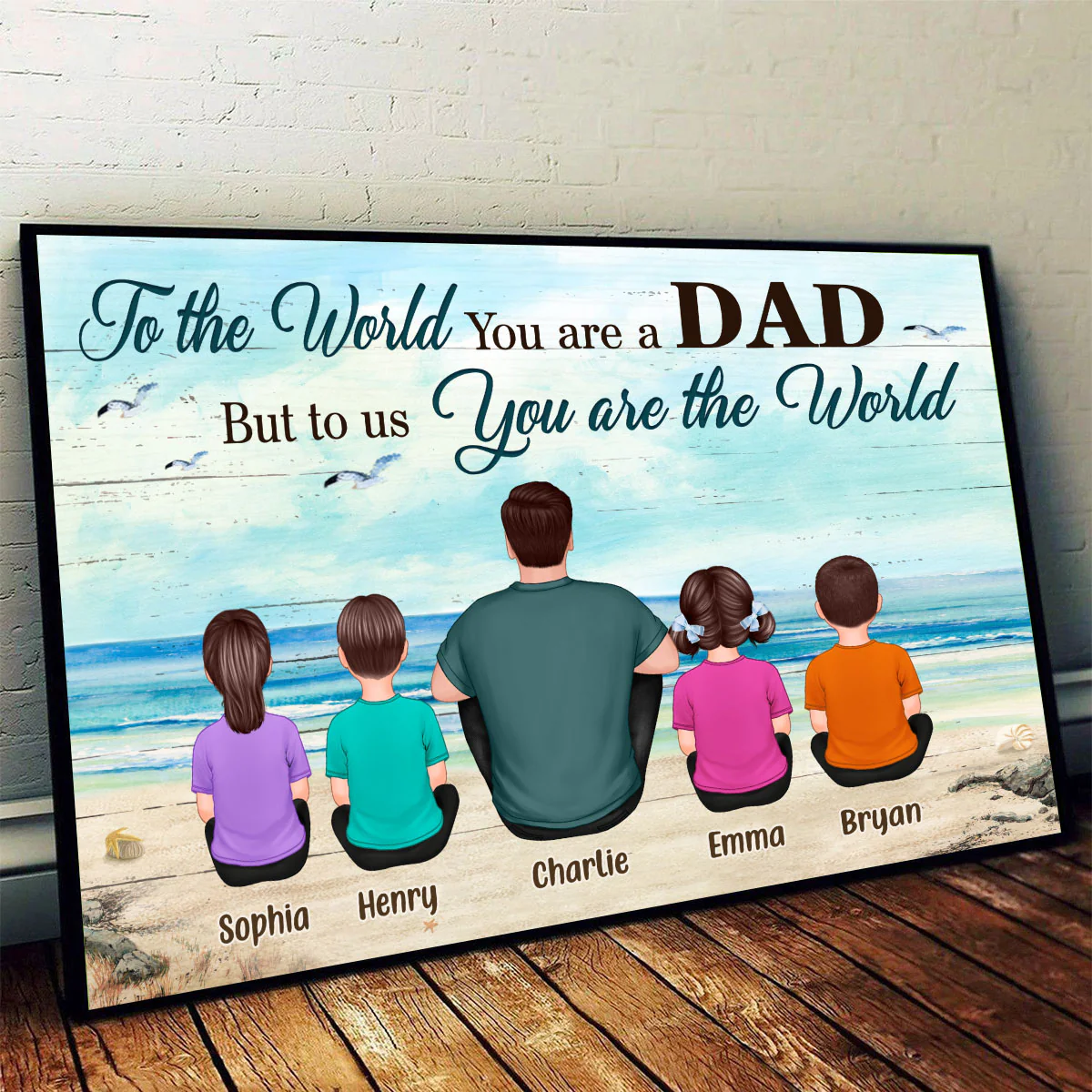 Back View Dad And Kids Dogs Cats Sitting Beach Landscape Gift For Dad Personalized Horizontal Poster - Image 2