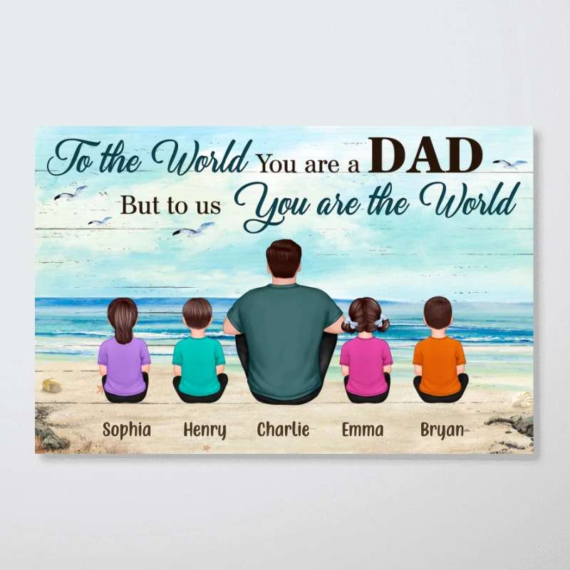 Back View Dad And Kids Dogs Cats Sitting Beach Landscape Gift For Dad Personalized Horizontal Poster - Image 4