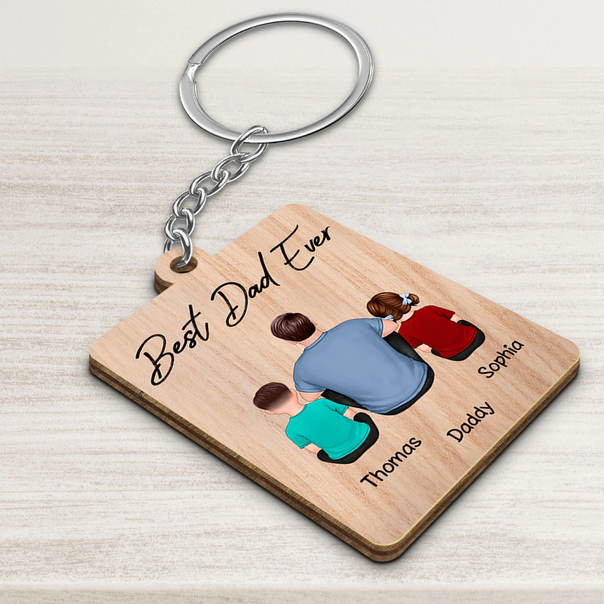 Back View Dad And Kids Dogs Cats Sitting Best Dad Ever Personalized Wooden Keychain - Image 3