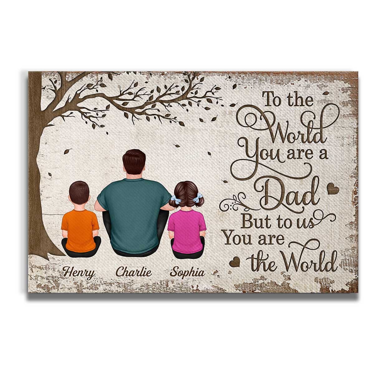Back View Dad And Kids Dogs Cats Sitting Personalized Canvas - Image 3