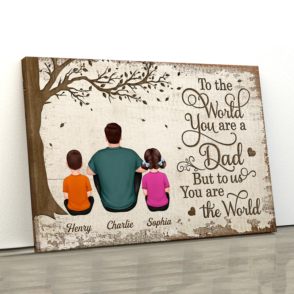 Back View Dad And Kids Dogs Cats Sitting Personalized Canvas - Image 4