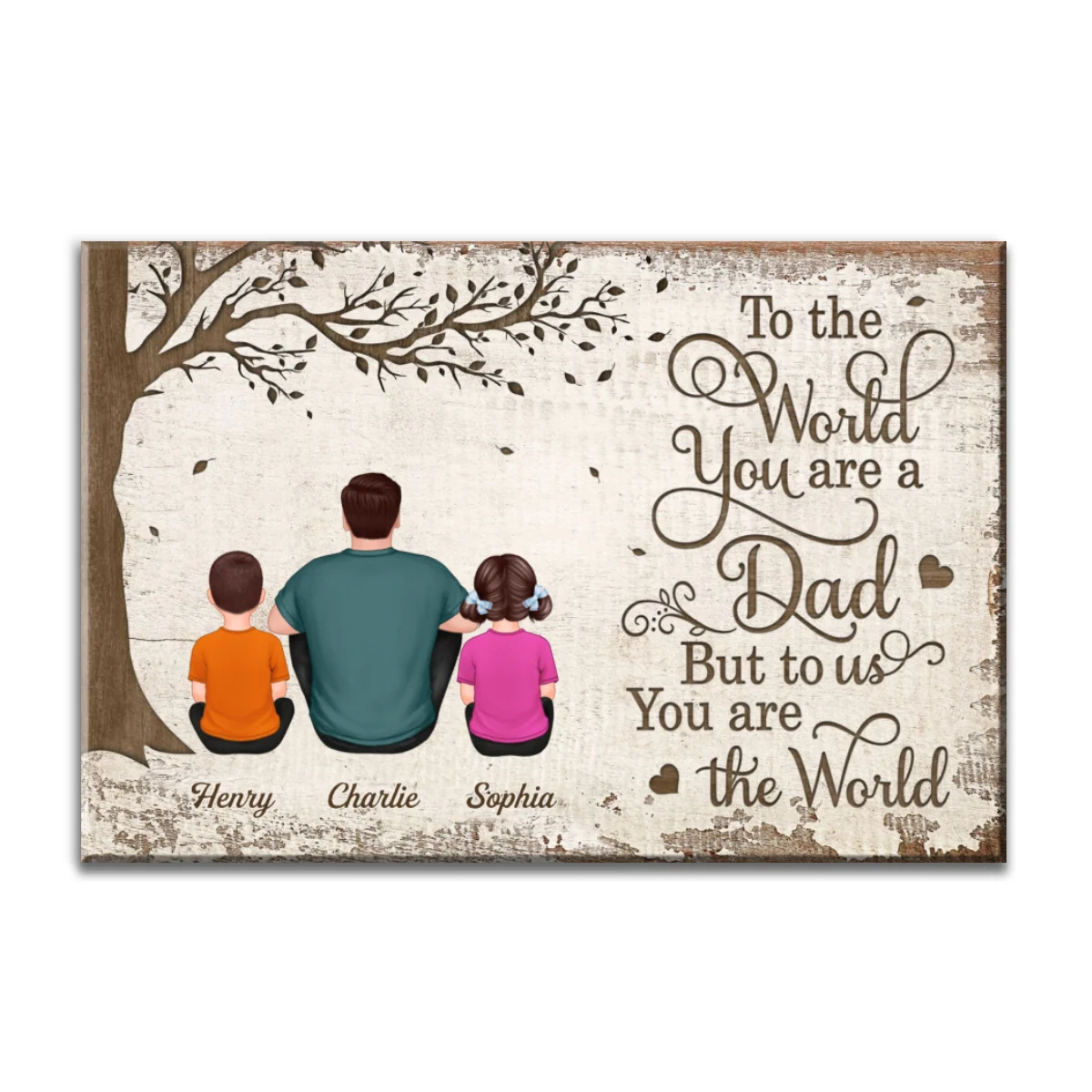 Back View Dad And Kids Dogs Cats Sitting Personalized Canvas - Image 5