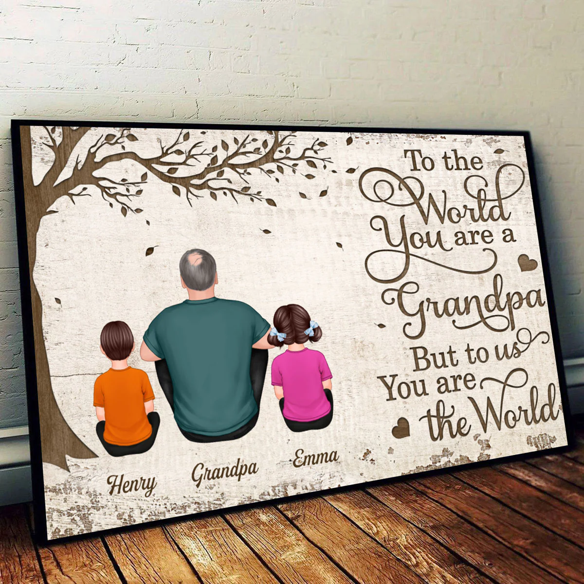 Back View Dad And Kids Dogs Cats Sitting Personalized Horizontal Poster - Image 2