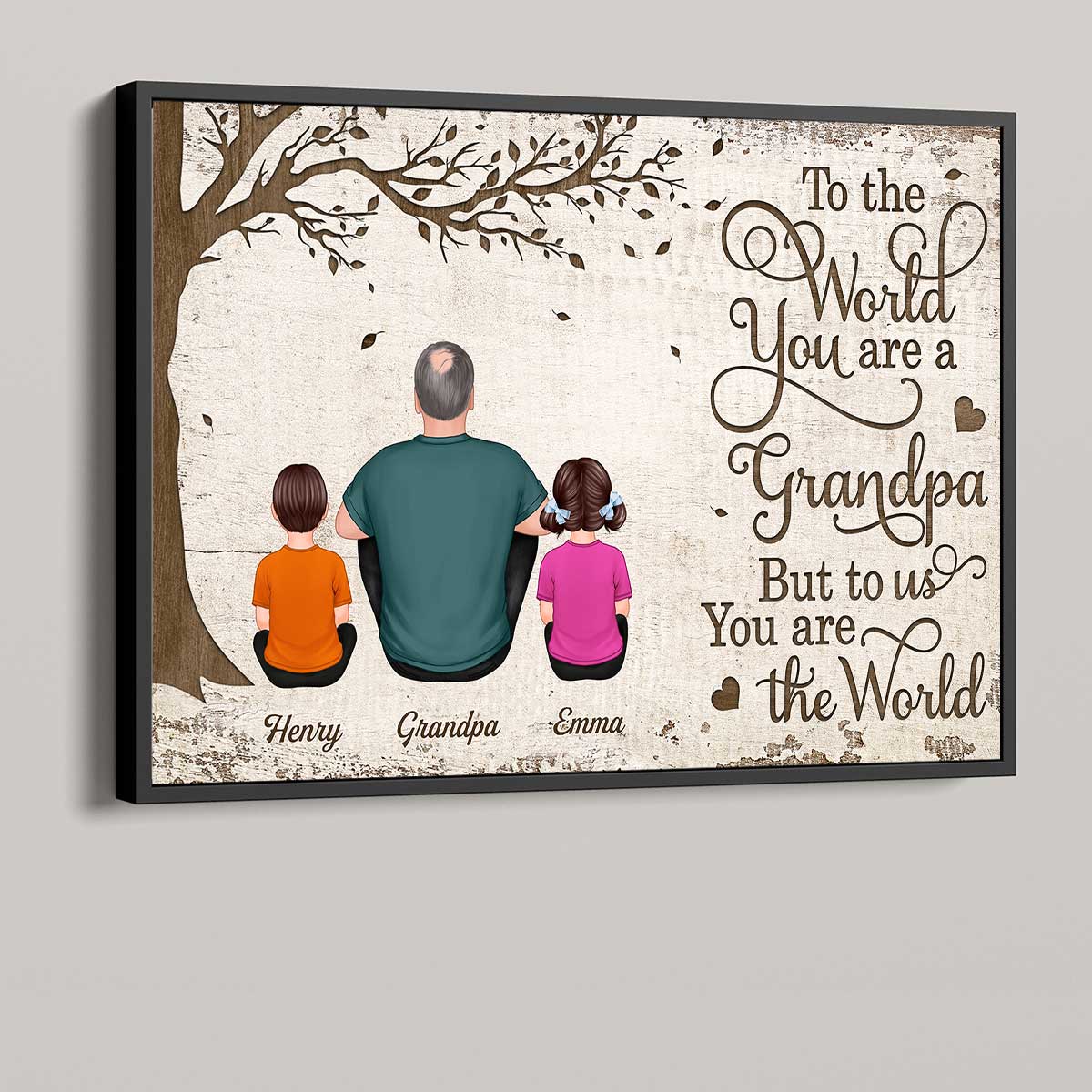Back View Dad And Kids Dogs Cats Sitting Personalized Horizontal Poster - Image 3