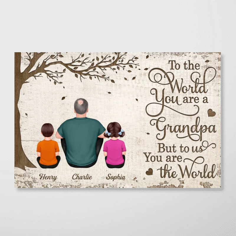 Back View Dad And Kids Dogs Cats Sitting Personalized Horizontal Poster - Image 4