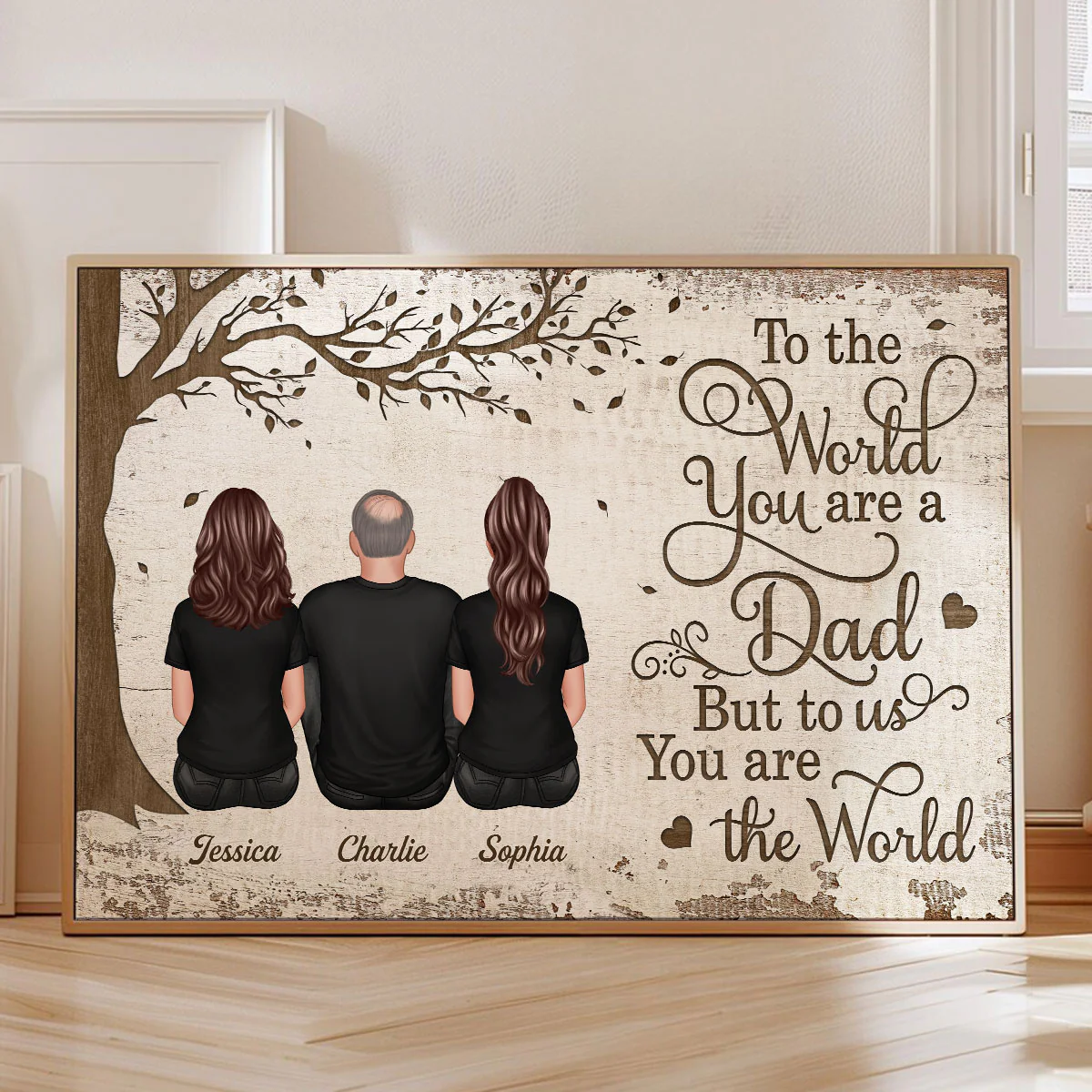 Back View Dad And Kids Dogs Cats Sitting - Personalized Poster - Gift For Dad, Husband