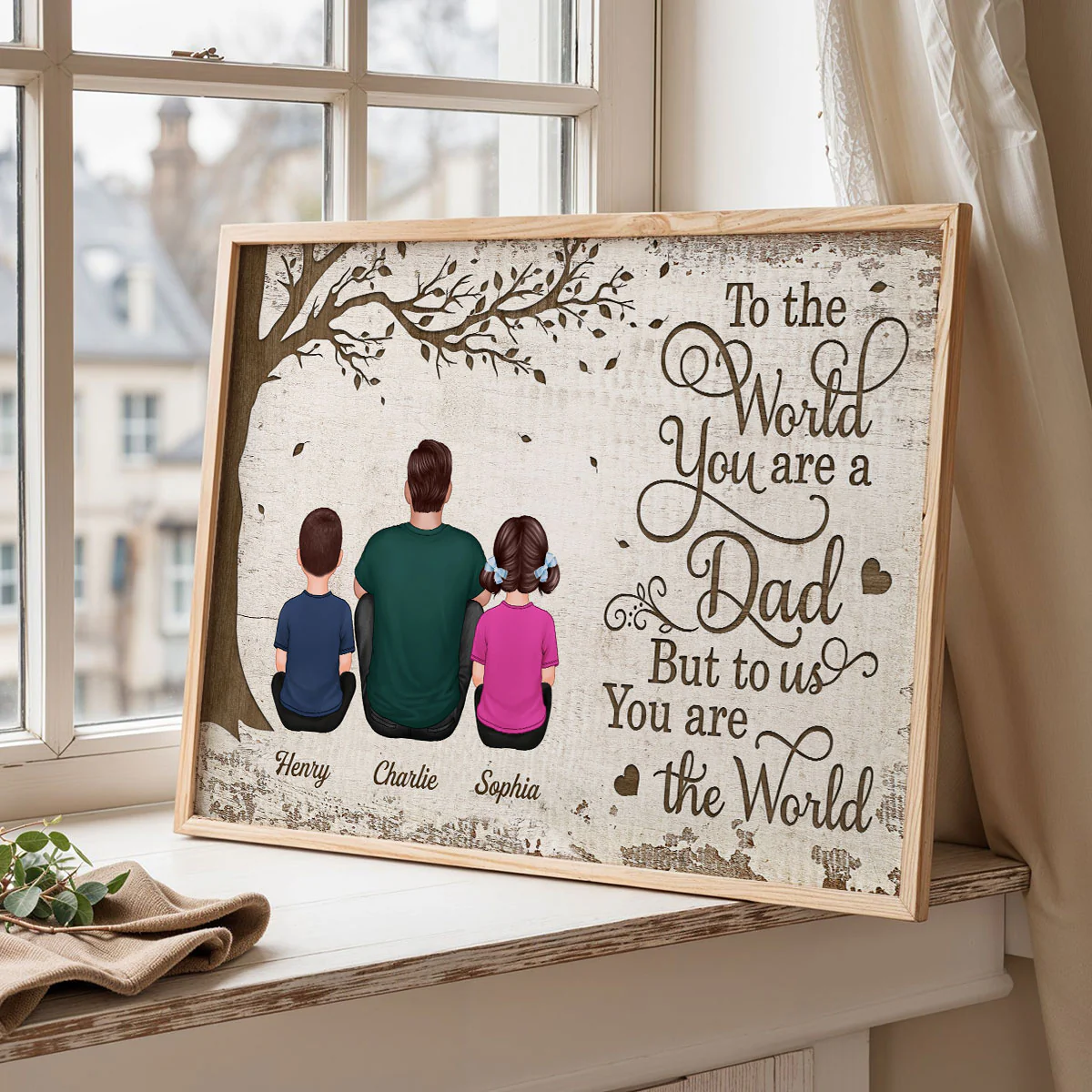 Back View Dad And Kids Dogs Cats Sitting - Personalized Poster - Gift For Dad, Husband - Image 8