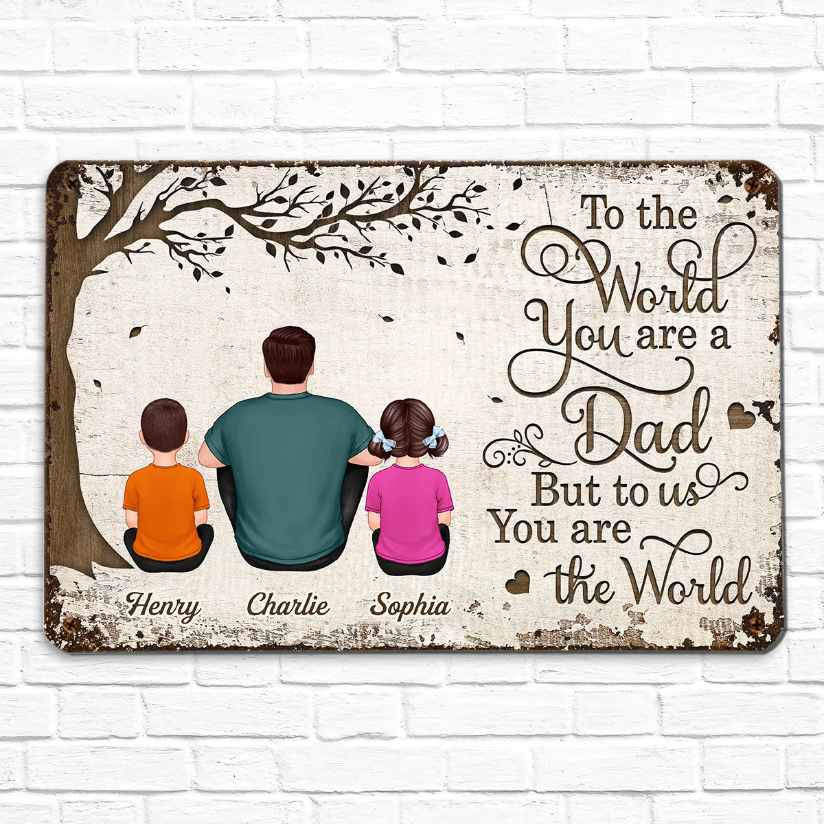 Back View Dad And Kids Dogs Cats Sitting Personalized Metal Sign - Image 2