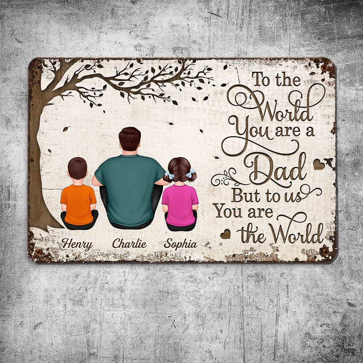 Back View Dad And Kids Dogs Cats Sitting Personalized Metal Sign - Image 3