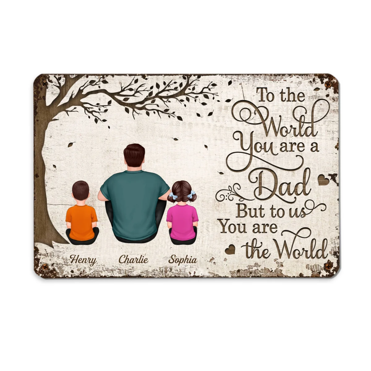 Back View Dad And Kids Dogs Cats Sitting Personalized Metal Sign - Image 4