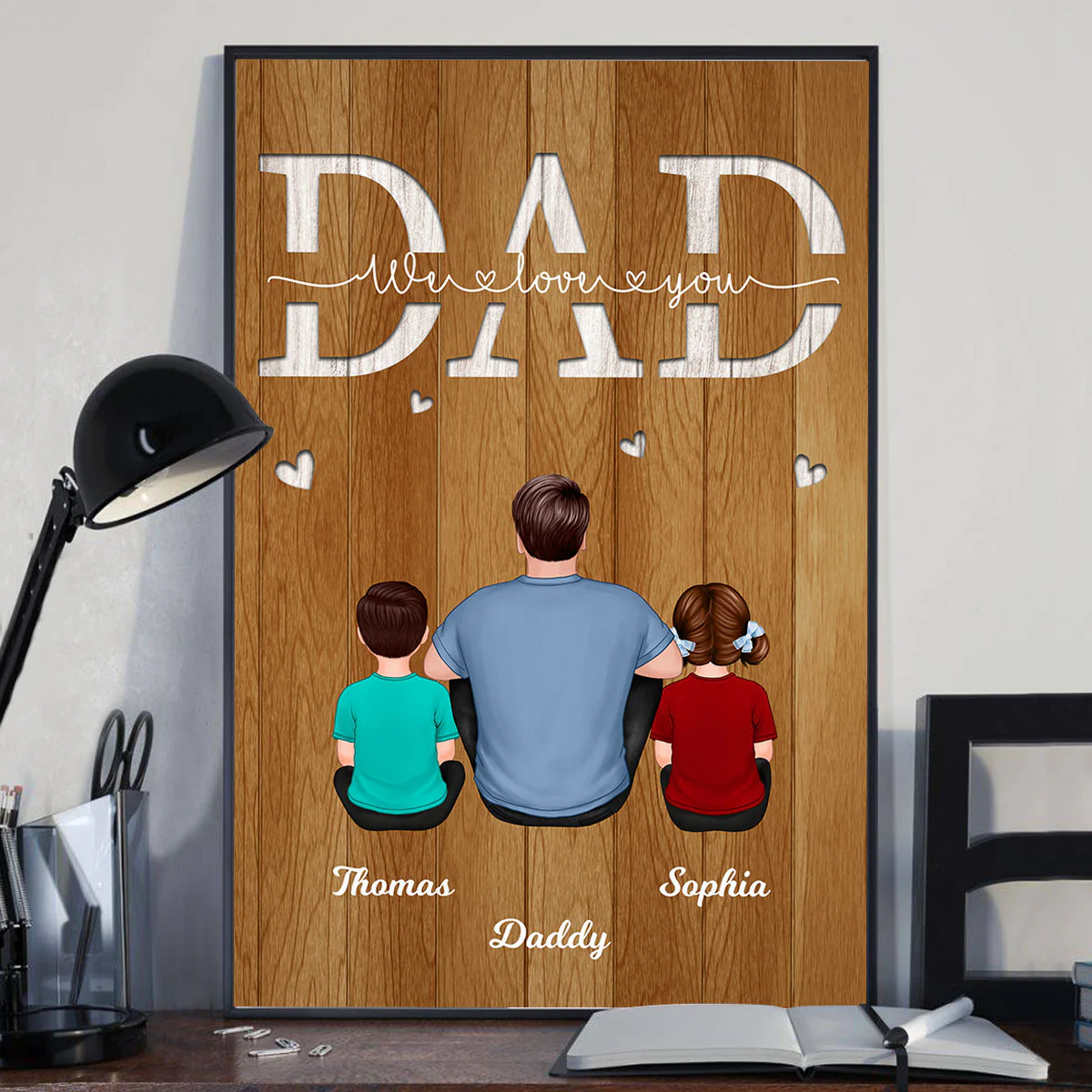 Back View Dad And Kids Dogs Cats Sitting Personalized Poster, Gift For Dad, Husband - Image 2