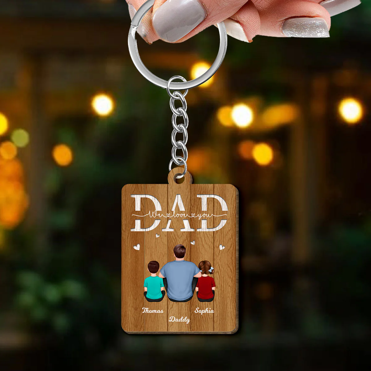 Back View Dad And Kids Dogs Cats Sitting We Love You Personalized Wooden Keychain - Image 3