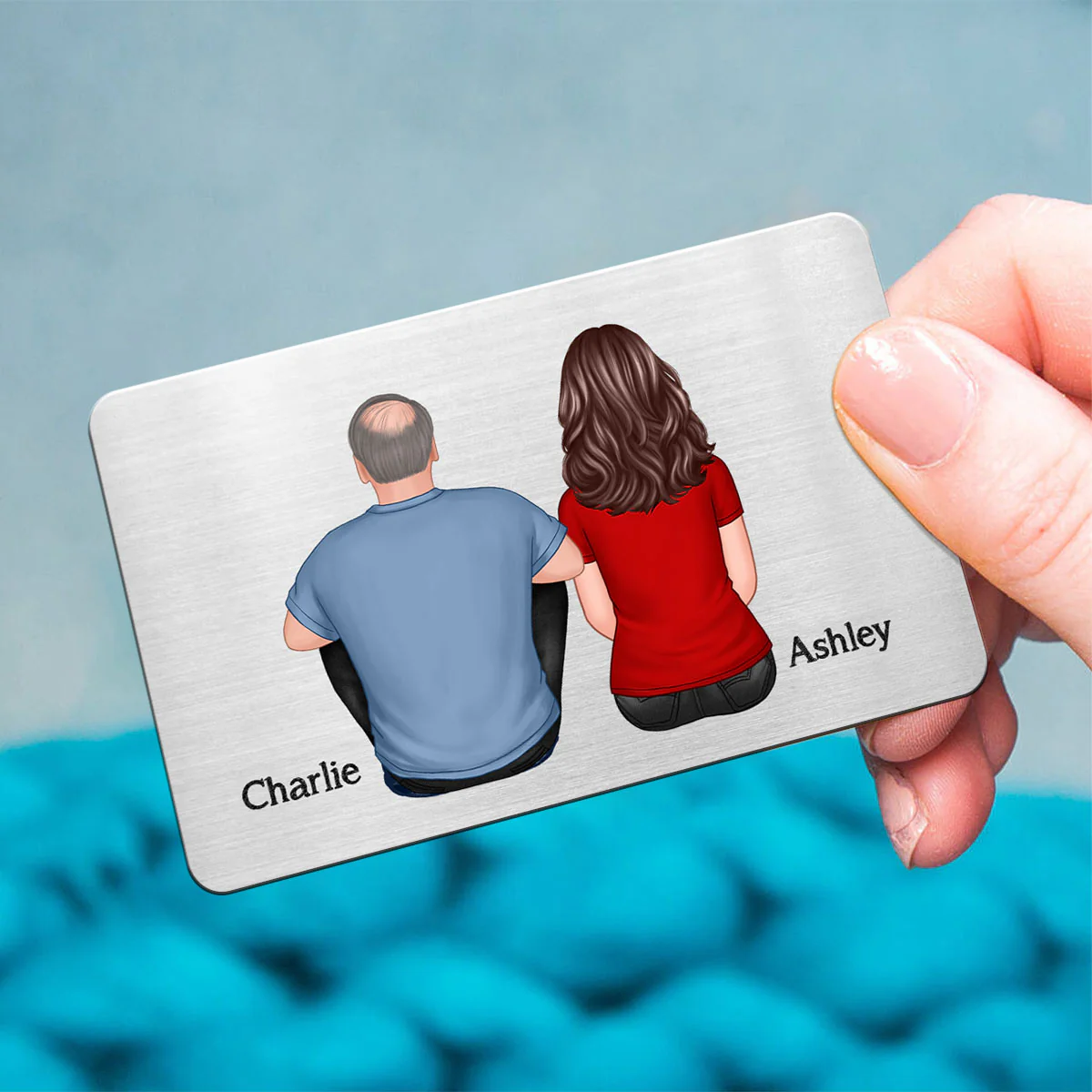 Back View Dad And Kids Sitting Thanks For Always Being There Personalized Metal Wallet Card - Image 4