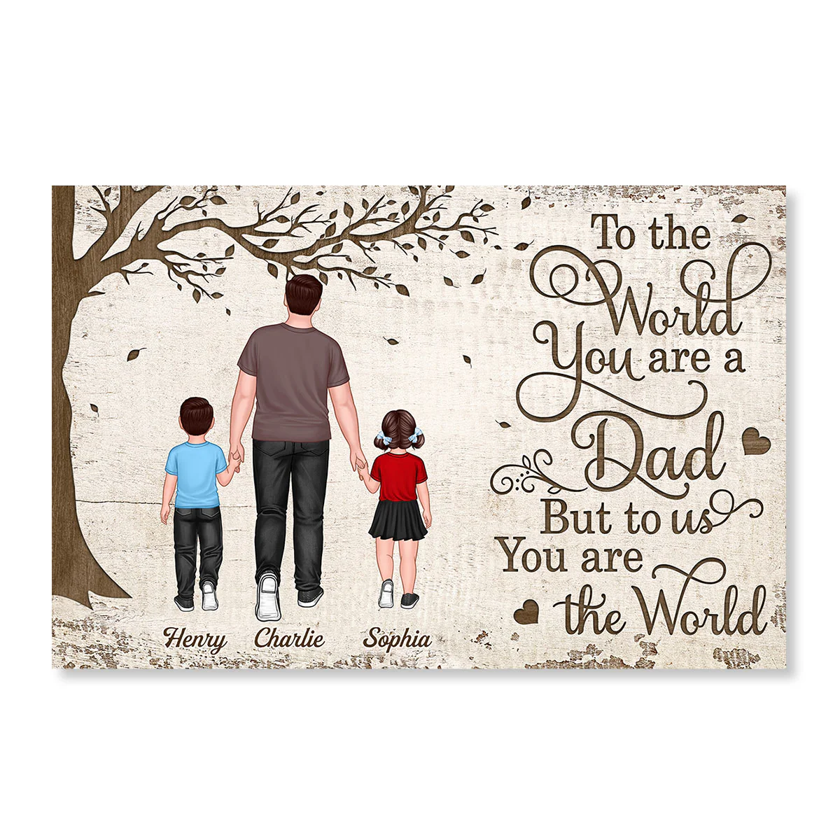 Back View Dad And Kids Walking Under Tree Personalized Horizontal Poster