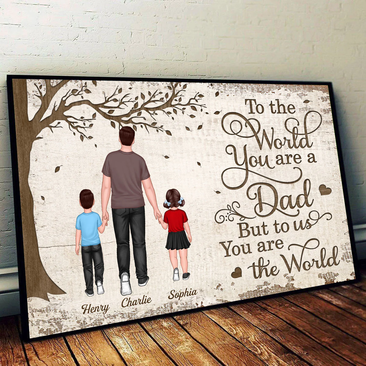 Back View Dad And Kids Walking Under Tree Personalized Horizontal Poster - Image 2