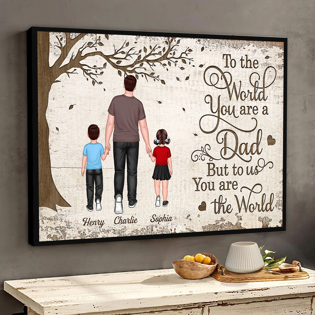Back View Dad And Kids Walking Under Tree Personalized Horizontal Poster - Image 3
