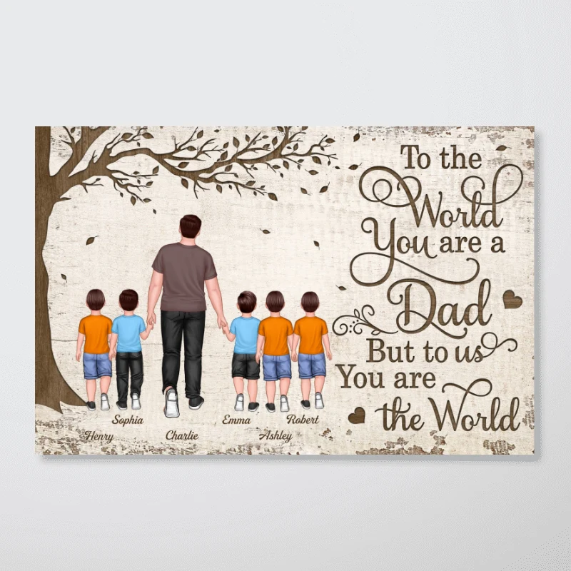 Back View Dad And Kids Walking Under Tree Personalized Horizontal Poster - Image 4