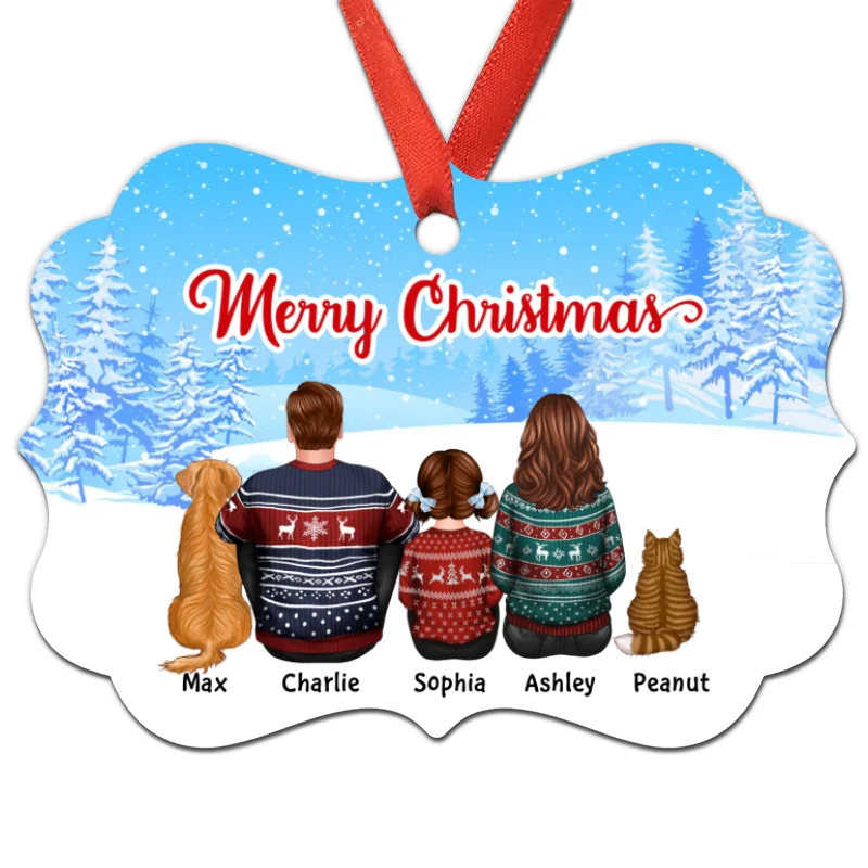 Back View Family Dad Mom Kids Dogs Cats Personalized Christmas Ornament - Image 3