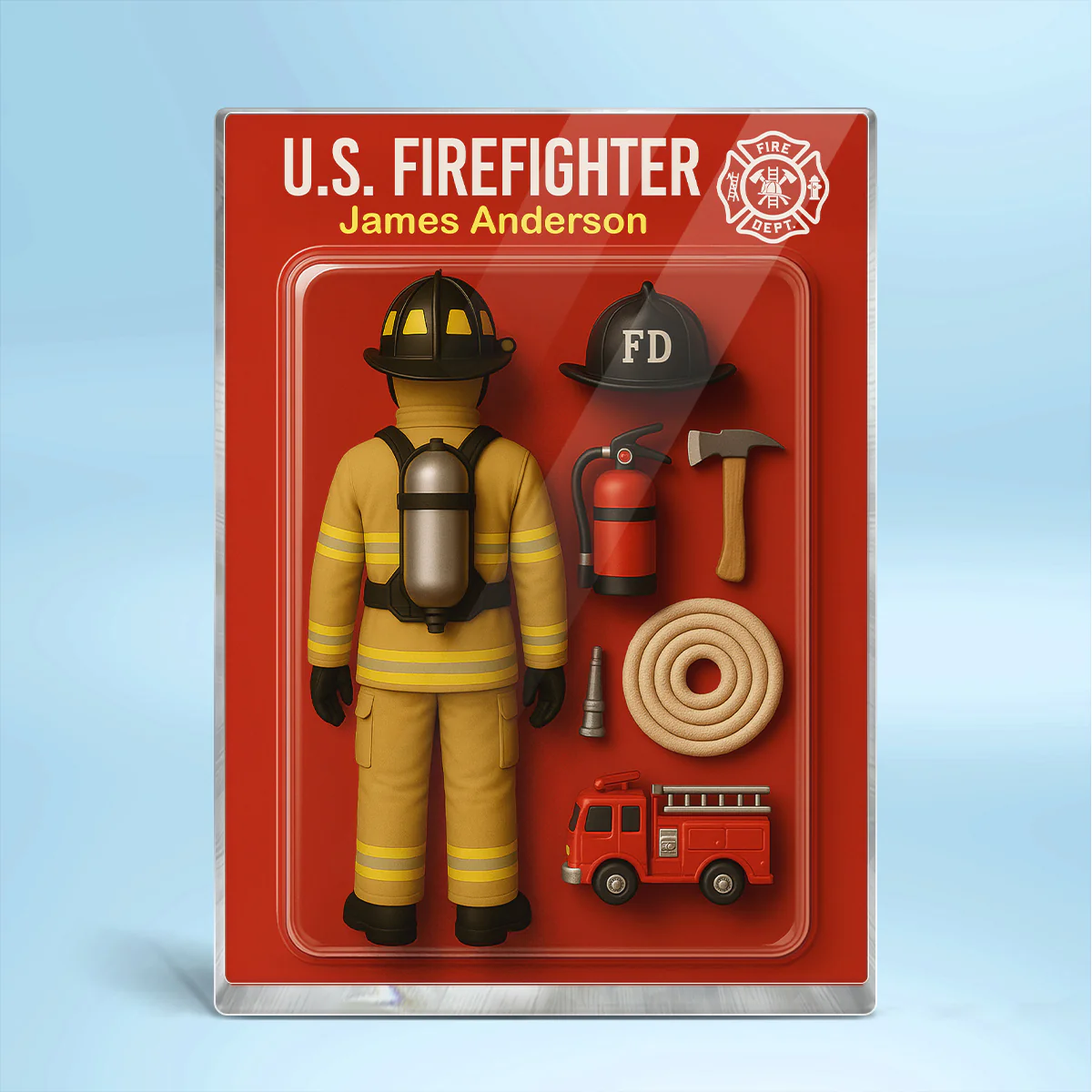 3D Effect Back View Firefighter Custom Figure Personalized Flat Rectangle Acrylic Block - Image 2
