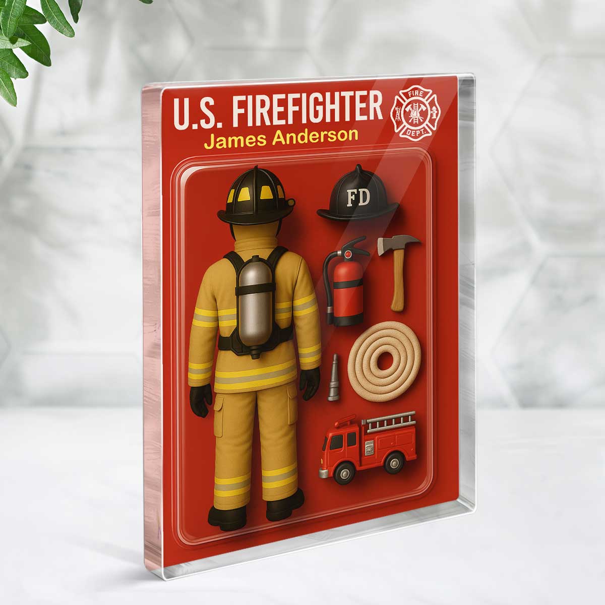 3D Effect Back View Firefighter Custom Figure Personalized Flat Rectangle Acrylic Block - Image 3