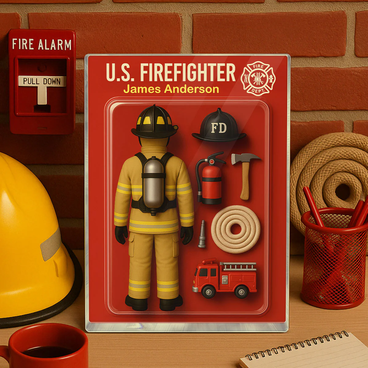 3D Effect Back View Firefighter Custom Figure Personalized Flat Rectangle Acrylic Block - Image 4