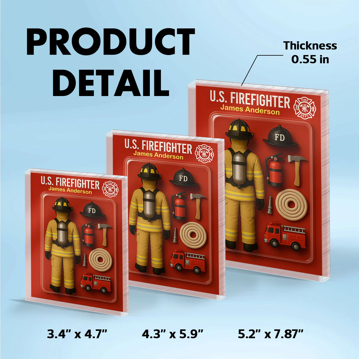 3D Effect Back View Firefighter Custom Figure Personalized Flat Rectangle Acrylic Block - Image 5